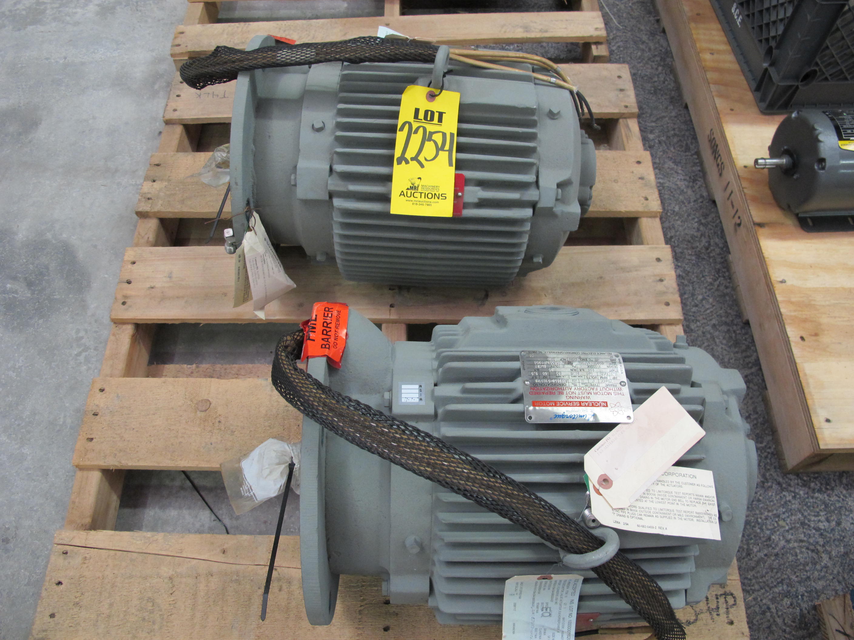LOT (2) MOTORS, VALVE ACTUATOR TYPE, 9.9 HORSEPOWER, 460 VOLT, 3 PHASE, 60 HERTZ ELEC RATING, 150 FT LB START TORQUE, 1725 RPM, EB256TYFRAME, 14.0 AMPS, RH INSULATION CLASS, 15 MIN DUTY. WITH ALUMINUM ROTOR BARS. MATERIAL CODE HAS BEEN MADE KEY 44 TO EVALUATE ANY DIFFERENCES IN INSTALLED NAMEPLATE DATA AND REPLACEMENT, SUCH AS FRAME, AMPS, HORSEPOWER AND SPEED. REFERENCE REQUISITION 7387, PART # R-504-E04-080000A20 (W-44) LOADING & HANDLING FEE $15-